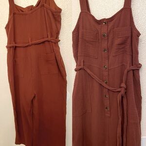 Orange Lagenlook cotton gauze muslin wide leg jumpsuit beltvbutton pocket L